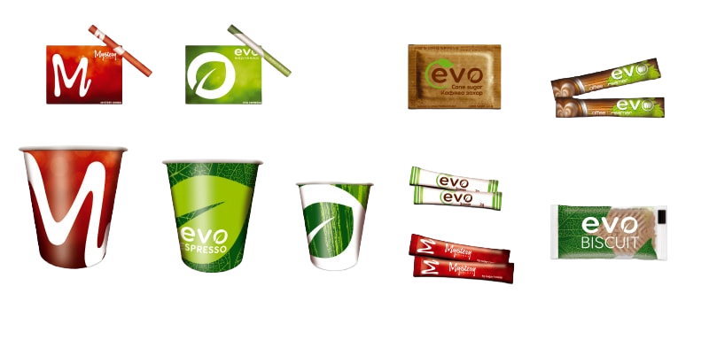 Консумативи на EVO Espresso - късметчета Ево, картонени чаши за кафе, захарчета, бисквитка ЕВО, кафява захар